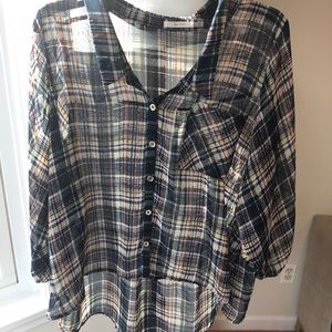 Sheer plaid collared blouse (M)